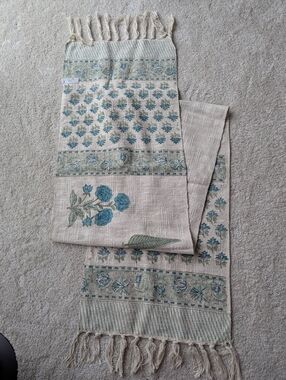 Handmade Floral Block Print Table Runner - Teal on Cream - NWT